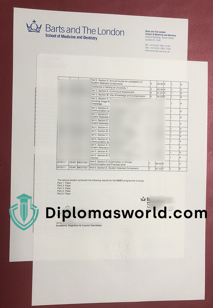 Barts and The London School of Medicine and Dentistry transcript Barts and The London School of Medicine and Dentistry transcript
