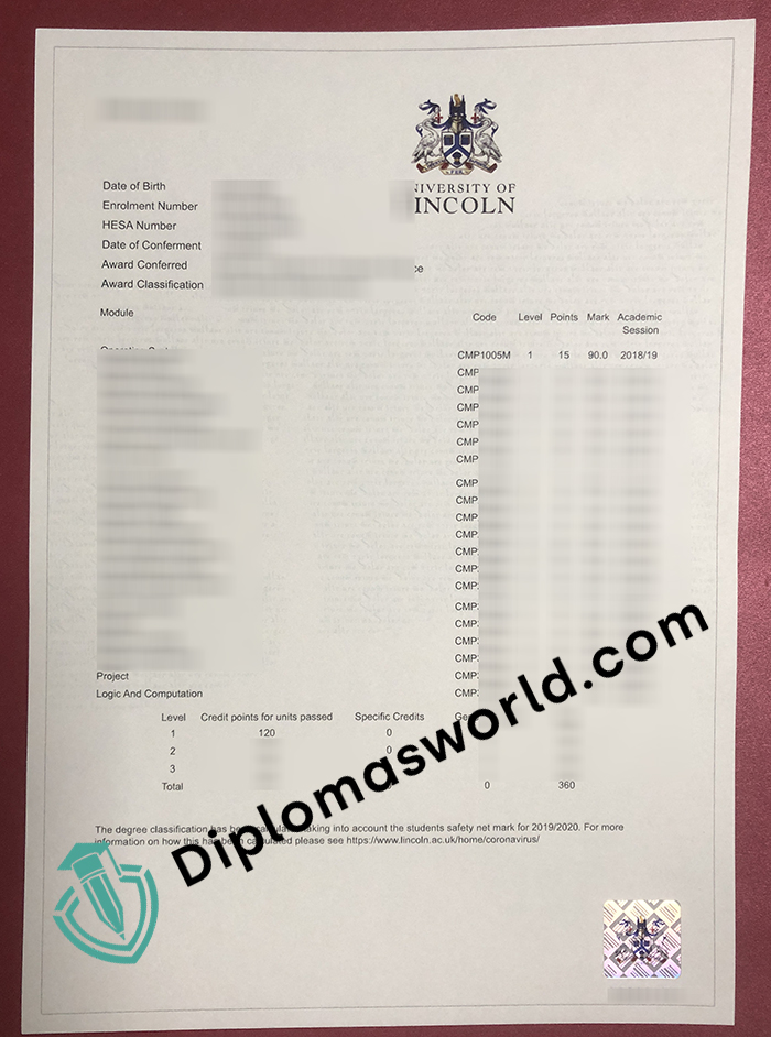 University of Lincoln transcript