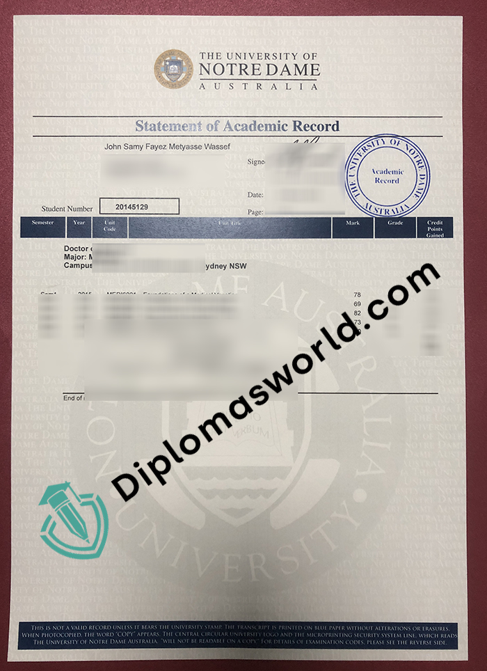 University of Notre Dame Australia transcript